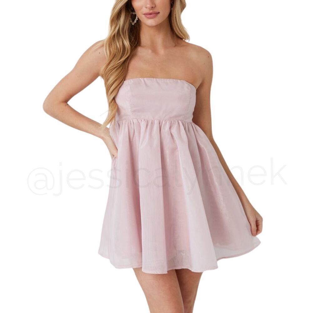 NEW Strapless Organza Empire Waist Coquette Babydoll Mini Puff Dress Pale Pink L